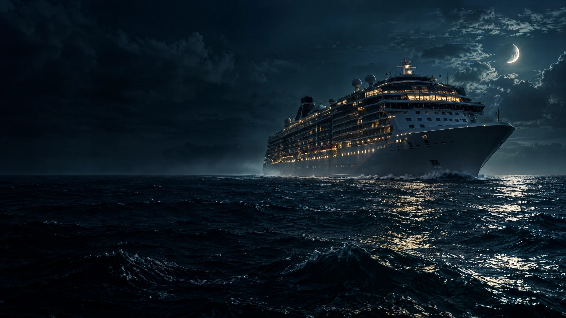 A cruise ship crossing dark water at night